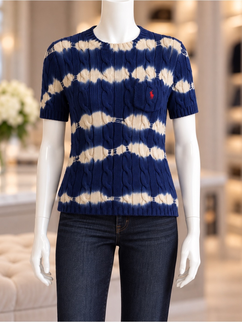 Polo Ralph Lauren Indigo Tie Dye Cable Cotton Sweater L NWT